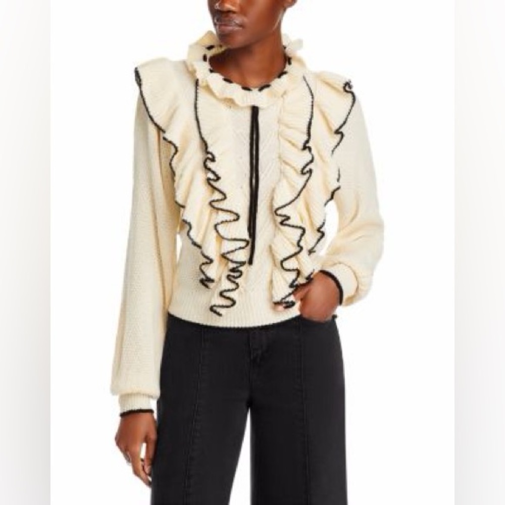 Stellah Ivory Sweater with Black Ruffle Accents